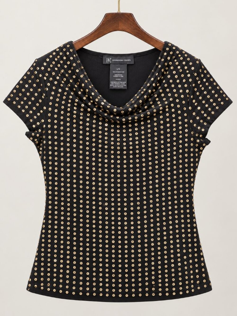 Gold Sequin Beaded Black Top L Rock Glam Cowl Neck Y2K